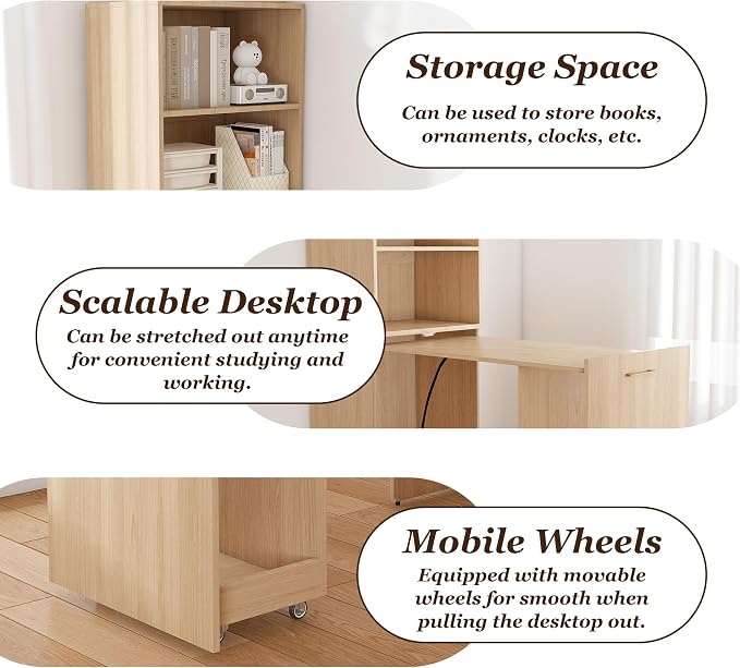 Foldable Desks for Small Spaces, Wood Murphy Desk with Storage Shelves, Folding Out Desk with Wheels, Space Saving Compact Computer Table, Hidden Desk for Apartment Bedroom Dorm Room (Natural Wood)
