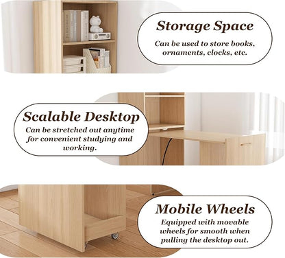 Foldable Desks for Small Spaces, Wood Murphy Desk with Storage Shelves, Folding Out Desk with Wheels, Space Saving Compact Computer Table, Hidden Desk for Apartment Bedroom Dorm Room (Natural Wood)