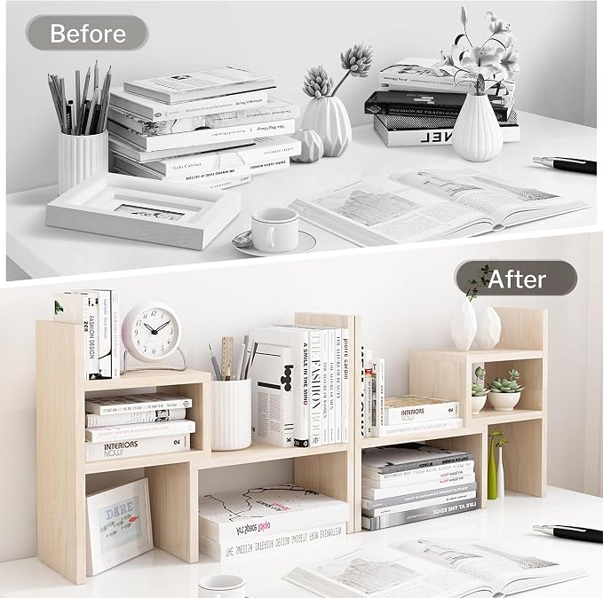 Jerry & Maggie Desktop Organizer Office Storage Rack Adjustable Wood Display Shelf, White, 5 Units, 16"L x 15.8"H x 6.8"W