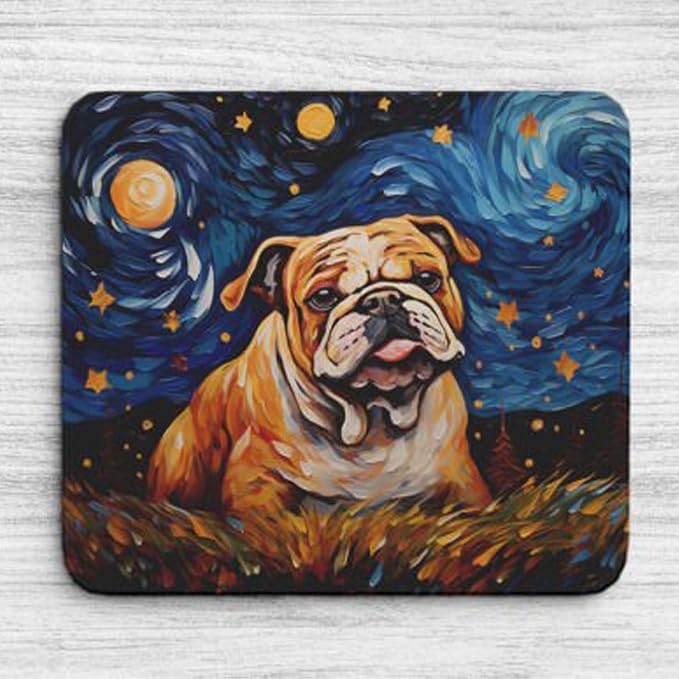Starry Night Bulldog Mouse Pad for Computer Laptop Home Office Gaming Working Desk Desktop Accessories Non-Slip Rubber Mouse Pad for Dog Lovers