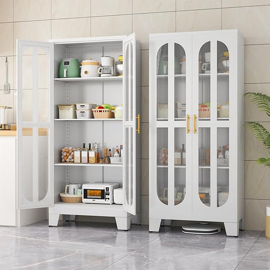 erosoei Metal Kitchen Pantry Storage Cabinet,Food Pantries Cabinets with Acrylic Glass Doors and Adjustable Shelves,Storage Cupboard for Kitchen, Living Room, Laundry Room and Dinning Room 61.02”H