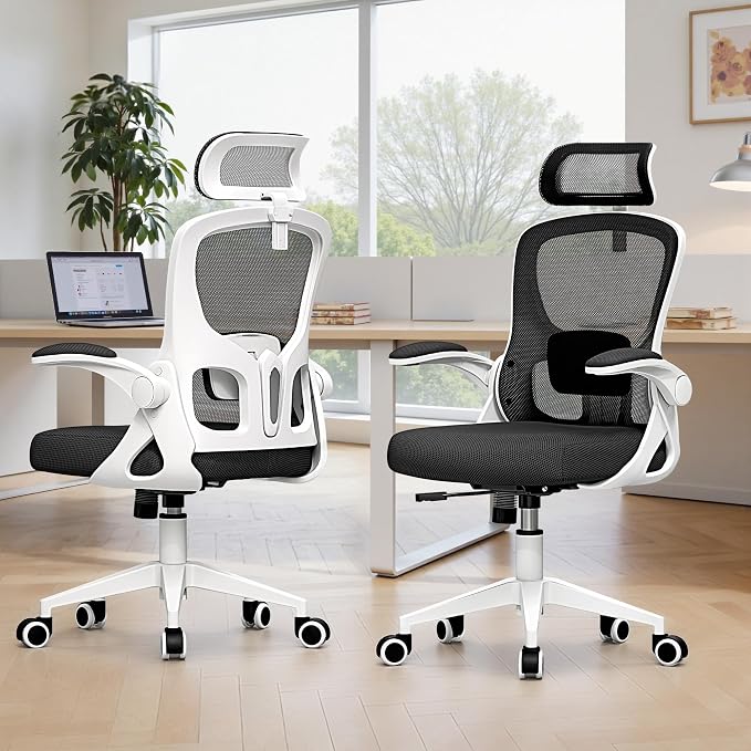 Ergonomic Office Chair, High Back Desk Chair with Flip-up Arms, 300 LBS Mesh Computer Chair with Adjustable Headrest & Lumbar Support, Comfy Gaming Chair for Adults, Home Office Desk Chairs (White)