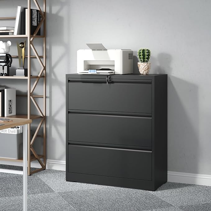 3 Drawer File Cabinet,Metal Lateral Filing Cabinet with Lock,Home Office Storage Organizer Cabinet for Legal/Letter/A4/F4 Size Files,35.5" W,Black
