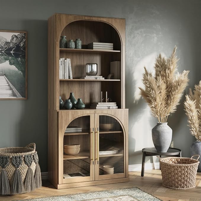 BELLEZE Pantry Storage Cabinet with Hutch, Modular Cabinet with Adjustable Shelves for Organizing, Visible Storage with Glass Door, Wood Highboard for Living Room, Kitchen and Home Office - Camel