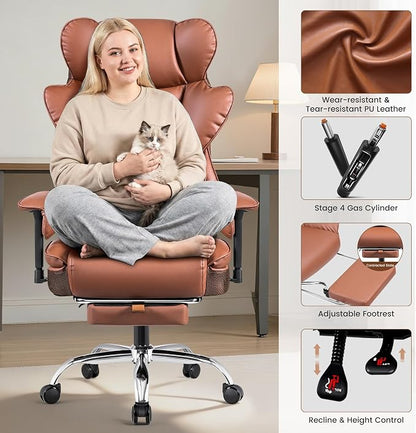 BESTFAIR Big and Tall Office Chair for Heavy People - 400 LBS Capacity Executive Chair with High Back & Footrest, Ergonomic Wide Padded Leather Seat Computer Gaming Chair, Terracotta Brown