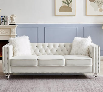 Mikibama Velvet 3 Seater Sofa Couch with Buttons and Square Arms 83.07 Inch Tufted 3-seat Sofas with Trimmed Nailhead and Acrylic Legs Modern Couches for Living Room,Bedroom (Beige-crystal Legs, Sofa)