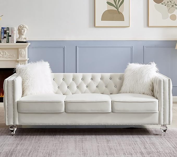 mikibama Velvet Loveseat with Buttons and Square Arms 59 Inch Tufted Sofa with Trimmed Nailhead and Metal Legs Loveseat Couch for Living Room, Bedroom (Beige-Crystal Legs, Loveseat + Sofa)