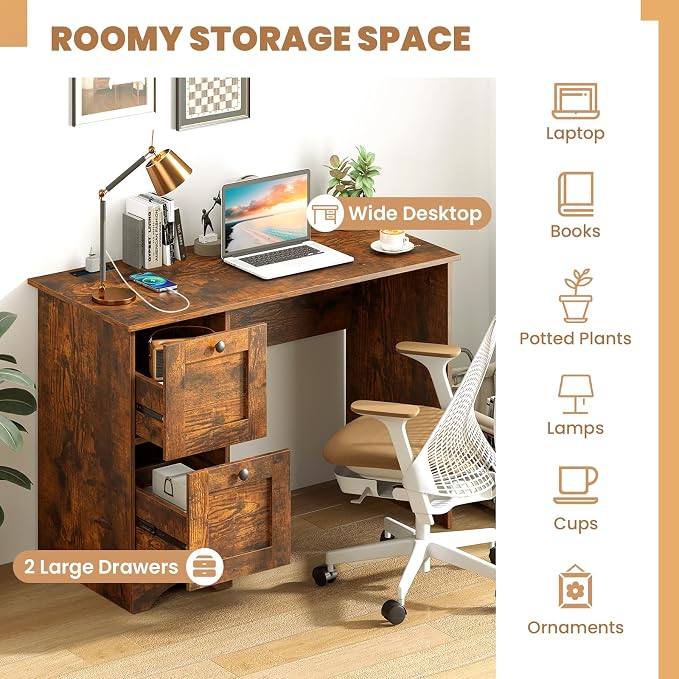 Giantex Computer Desk with 2 Drawers, 43” Wooden Home Office Desk with Charging Station, Compact Study Writing Desk, Modern Laptop PC Desk Workstation for Bedroom, Living Room (Rustic Brown)