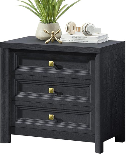 Standifurno Farmhouse Black Nightstand with 3 Drawers, Rustic Bedside Table with Storage, Large Bed Side Table for Bedroom Living Room Home Office Furniture 24.8” Tall Nightstand with Gold Knobs