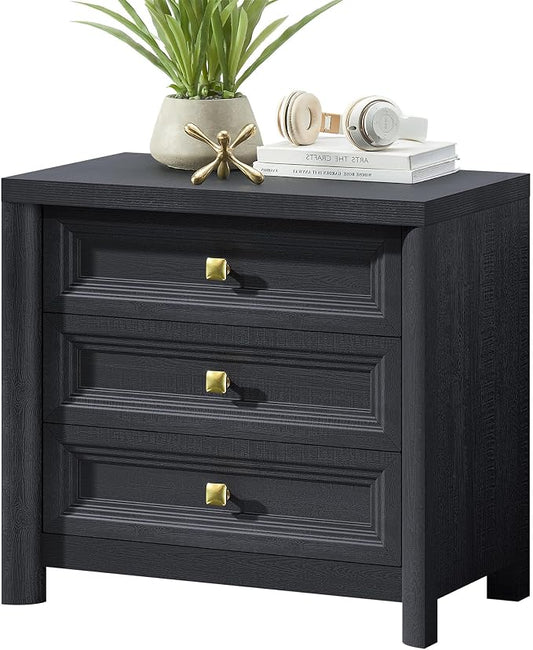 Standifurno Farmhouse Black Nightstand with 3 Drawers, Rustic Bedside Table with Storage, Large Bed Side Table for Bedroom Living Room Home Office Furniture 24.8” Tall Nightstand with Gold Knobs