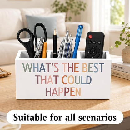 Motivational Boho Pen Holder for Desk, What's the Best That Could Happen Positive Affirmation Wooden Box Sign Desk Decor for Home Office Decoration, Inspirational Pencil Organizer