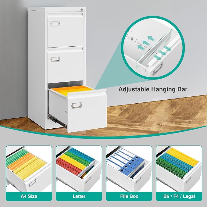 SISESOL 3 Drawer File Cabinet with Lock and Tag,Narrow Three Drawer Filing Cabinet,Vertical Metal File Cabinets,Small White Filing Cabinets for Home Office Fit Letter/A4/Legal Size File,Easy Assembly