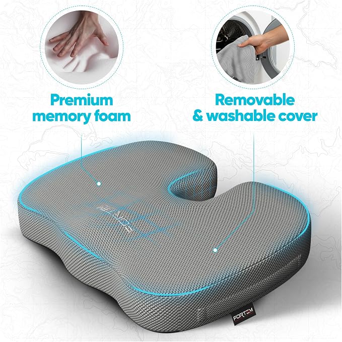 FORTEM Seat Cushion, Office Chair Cushion, Memory Foam Car Seat Cushions, Sciatica Coccyx Tailbone Pain Relief, Chair Cushions for Back Support, Sitting Pad for Gaming, Washable Cover, Non Slip
