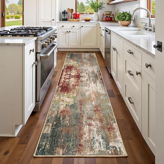 RELEANY Washable Area Rugs 2'x6' Non-Slip Modern Abstract Soft for Living Room Entryway Bedroom Kitchen, Print Pattern, Brown Rust Red Green Blue Multi
