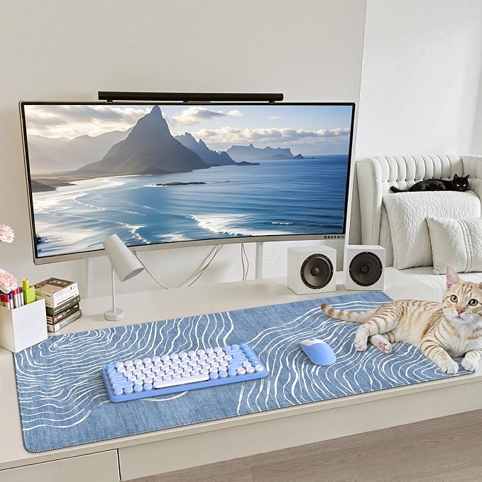 iCasso Desk Cover Mat,Extended Long Mouse Pad for Laptop,Aesthetic Computer Pad with Stitched Edges,Non Slip Keyboard Mat for Desktop,Cute Blue Desk Protector for Office Home School