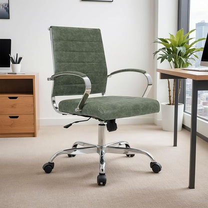 LeisureMod Benmar Leather Office Desk Chair, Mid-Back Ergonomic Swivel Chair with Lumbar Support, Adjustable Height, Tilt Lock, Cushioned Seat & Back, Home Office Task Chair (Green, Set of 4)