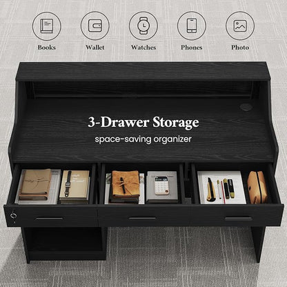Reception Desk with Counter, Front Desk with 3 Drawers and Storage Cabinet, 47 inch Modern Retail Counter with Cable Grommet for Checkout, Barber, Beauty Salon, Home Office