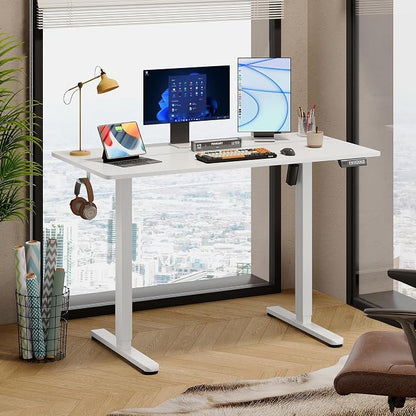 DEVAISE 48 Inch Electric Standing Desk, 3 Adjustable Computer Desk for Home Office, Ergonomic Sit to Stand Desk with LED Touchscreen，Headphone Hook, 3 Memory Preset, with Split Top, White
