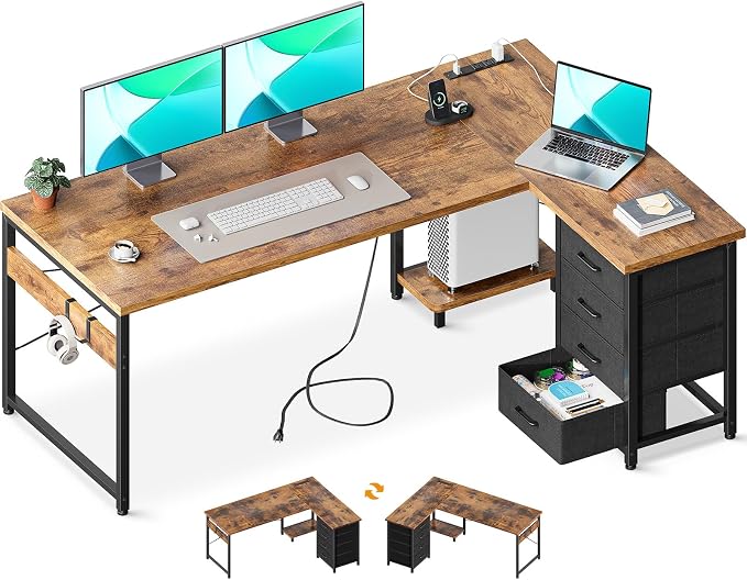 AODK L Shaped Gaming Desk with 4 Drawers, 61" Reversible Home Office Desks with Power Outlets, L Shaped Computer Desk with USB Charging Port and Host Stand, Corner Desk, Easy to Assemble, Vintage