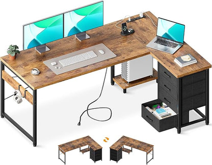 AODK L Shaped Gaming Desk with 4 Drawers, 61" Reversible Home Office Desks with Power Outlets, L Shaped Computer Desk with USB Charging Port and Host Stand, Corner Desk, Easy to Assemble, Vintage
