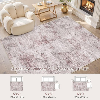 UERMEI 5x7 Washable Area Rug - Neutral Modern Abstract Living Room Rugs, Non-Slip Soft Large Indoor Floor Carpet for Bedroom Home Office & Under Dining Table Decor, Pink Grey