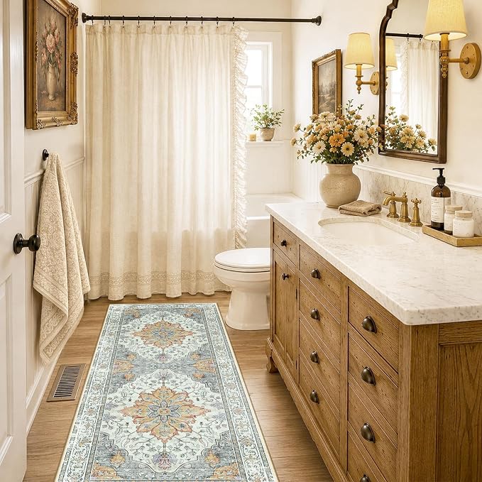 RELEANY Area Rugs Runner 2'x6' Washable Non-Slip, Floral Vintage Distress Medallion Carpet for Kitchen Hallway Bedroom Beside Laundry Room Bathroom, Beige Carbon Grey Orange