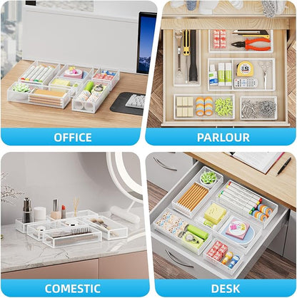 Marbrasse 5 Pack Desk Drawer Organizer Set, Mesh Drawer Storage Trays with 1 Adjustable Divider, Desk Organizers and Accessories, 5 PCS Drawer for Office Supplies, Makeup & Vanity (White)
