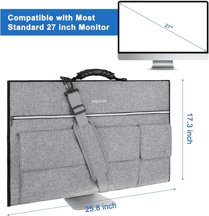 MOSISO Monitor Carrying Case, 24 inch Padded Monitor Travel Bag Cover Case, Protective Computer Monitors Handbag Dust Covers with Adjustable Shoulder Strap & 3 Pockets for 24 inch Monitors, Gray