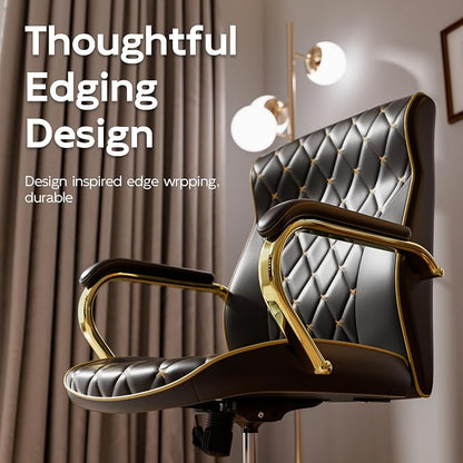 HomeZeer Black and Gold Office Chair, Luxury Leather Executive Desk Chair | Elegant Timeless Appeal, Vintage Mid Back Styling with Wheels and Padded Arms, Thick High Density Foam Comfort
