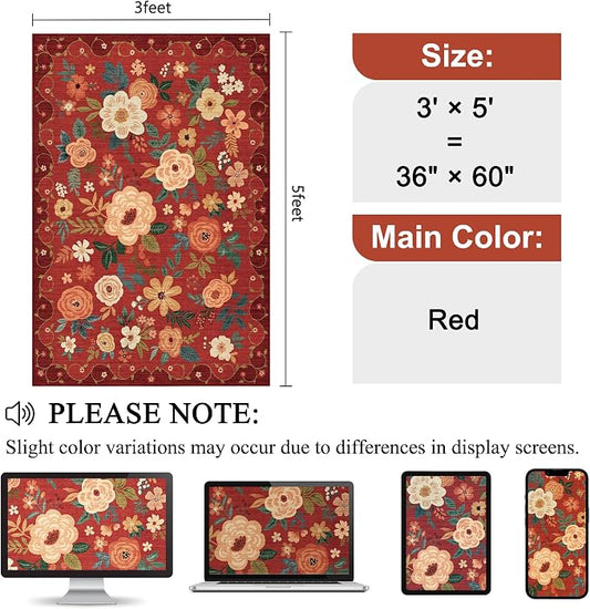 DUKINO 3x5 Area Rug, Floral Rugs for Living Room, Lightweight Non Slip Washable Rug, Indoor Low Pile & Non-Shedding Boho Design Rugs for Bedroom, Living Room, Dining Room, Red