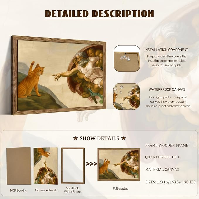 Framed Vintage Cat Canvas Wall Art, Funny Orange Cat Parody Classic Masterpiece Prints, Renaissance-Inspired Animal Artwork, Humorous Wall Decor for Living Room Bedroom Playroom – 12x16 inch