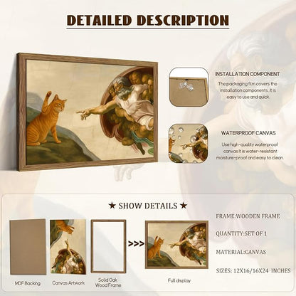 Framed Vintage Cat Canvas Wall Art, Funny Orange Cat Parody Classic Masterpiece Prints, Renaissance-Inspired Animal Artwork, Humorous Wall Decor for Living Room Bedroom Playroom – 12x16 inch