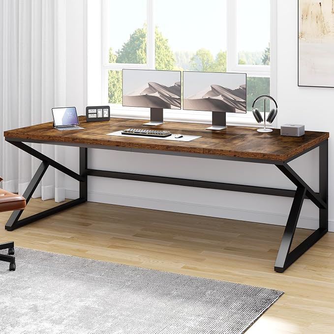 HSH Large Rustic Brown Computer Desk, 70 Inch Home Office Metal Wood Desk for 2 Person, Farmhouse Extra Long Writing Study Gaming Table, Bedroom Living Room PC Laptop Dual Monitor Desk