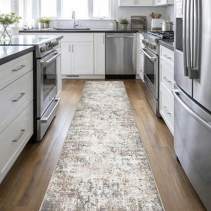 2.6'x14' Runner Rug Washable Rug: Modern Abstract Soft Thin Runner Rug Brown Grey