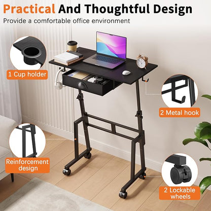 Adjustable Height Standing Desk with Drawer, Rolling Sit to Stand Up Desk with Wheels Height 31.5"-43.3" Small Mobile Laptop Standing Desk for Treadmill Walking Pad, Movable Classroom Podium (Black)