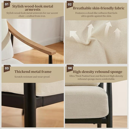 RNKSFX Modern Accent Chairs Set of 2 for Living Room Bedroom Mid Century Arm Chairs Upholstered Office Accent Chairs Comfy Waiting Room Chairs with Metal Frame, Beige