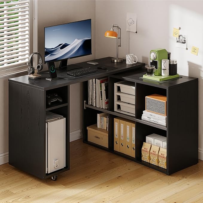 BOSHIRO Black L-Shaped Computer Desk with Storage Shelves, Small Study Writing Desk with Charging Station, 67” Bedroom Side Table & 360° Rotating Desk for Living Room