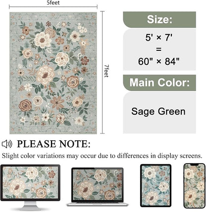 DUKINO 5x7 Area Rug, Floral Design, Lightweight Non Slip Washable, Indoor Low Pile & Non-Shedding Boho Rug for Bedroom, Living Room, Dining Room, Sage Green