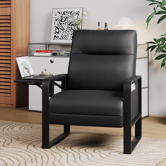 Alunaune Upholstered Living Room Chair Armchair Set of 2, Mid Century Faux Leather Metal Accent Chair, Reception Couch Slipper Club Lounge Chair Guest Comfy Single Sofa with Sidetable-Black