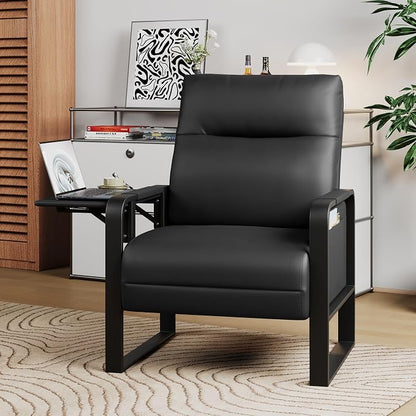 Alunaune Upholstered Living Room Chair Armchair Set of 2, Mid Century Faux Leather Metal Accent Chair, Reception Couch Slipper Club Lounge Chair Guest Comfy Single Sofa with Sidetable-Black