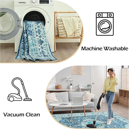 Goideal Washable Rug 4x6, Vintage Area Rugs Non Slip, Indoor Low Pile Carpet with Rubber Backing for Living Room Kitchen Bathroom Entryway Office Bedroom,Blue & Teal