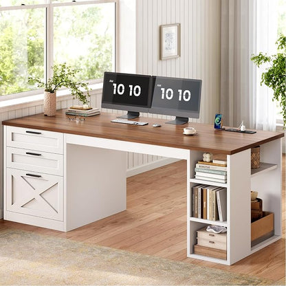 SEDETA 55.1" Farmhouse Office Desk with 3 Drawers, Executive Desk with File Drawer & Storage Shelves, Computer Desk with Power Outlet for Home Office, White and Brown