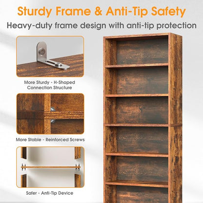 Sweetcrispy Industrial 6 Shelf Bookcase - Large 63 Inch Tall Floor Standing Open Bookshelf with Anti-Tipping Device for Home Office, Living Room, and Bedroom Storage, Rustic Brown
