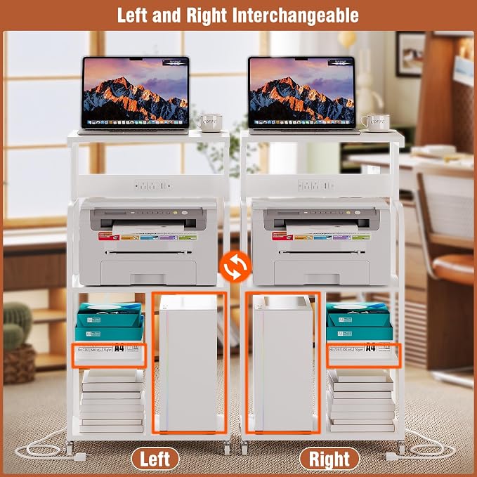 VEDECASA Mobile High Printer Stand with Power Outlet Charging Plugs USB Port Office Storage Shelf Includes Computer Tower CPU Stand Holder with Wheel (White)
