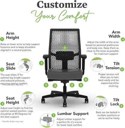 HON Ignition 2.0 ReActiv Ergonomic Office Chair, Mesh Desk Chair with Lumbar Support, Advanced Synchro‑Tilt, Height and Width Adjustable Arms, Swivel Wheels, Black Frame, Graphite