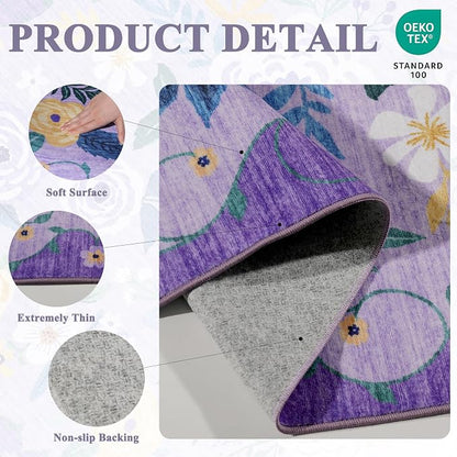 DUKINO Runner Rug, 2.6x8 Kitchen Rug for Hallway with Non Slip Backing, Washable Low Pile Soft Boho Floral Runner Carpet for Hallway, Kitchen, Entryway, Laundry, Bedroom, Purple