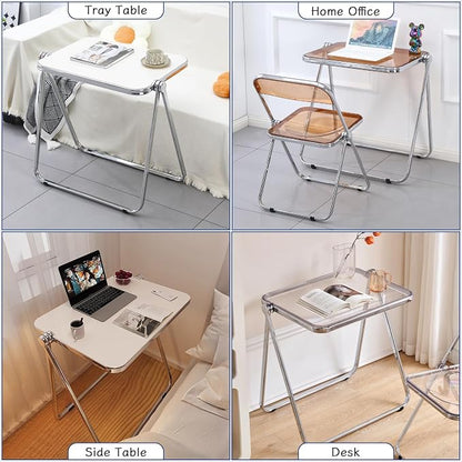 KAIHAOWIN Folding TV Tray Table Acrylic Foldable Table No Assembly Required Tiny Desk for Home Office Side Table Small Computer Desk for Small Spaces (White)