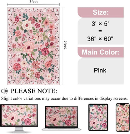 DUKINO 3x5 Area Rug, Floral Rugs for Living Room, Lightweight Non Slip Washable Rug, Indoor Low Pile & Non-Shedding Boho Design Rugs for Bedroom, Living Room, Dining Room, Pink