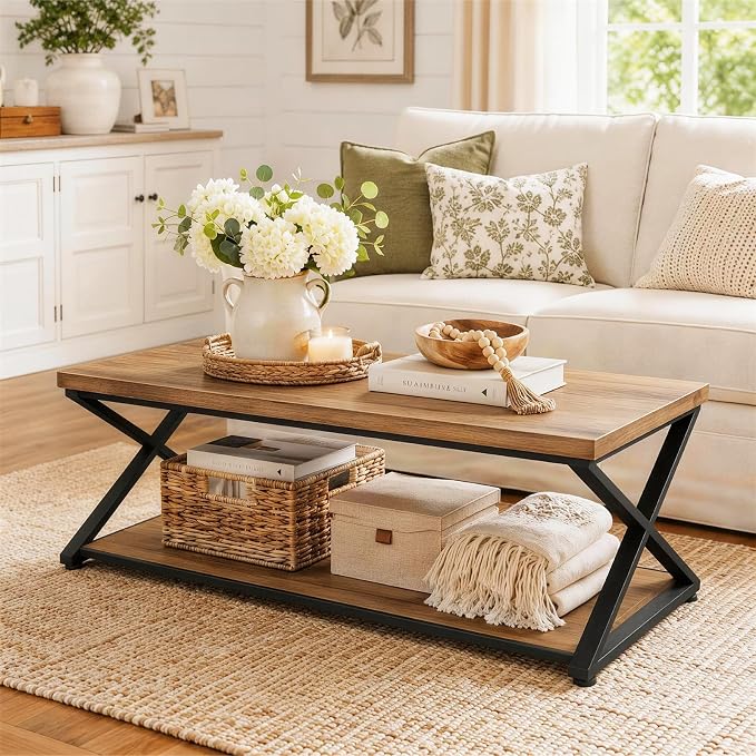 MILEFA2 Tier Coffee Table, Farmhouse CenterTable with Storage, Wood and Metal Living RoomTable for Home Office Bedroom, Rustic Brown,47Inch