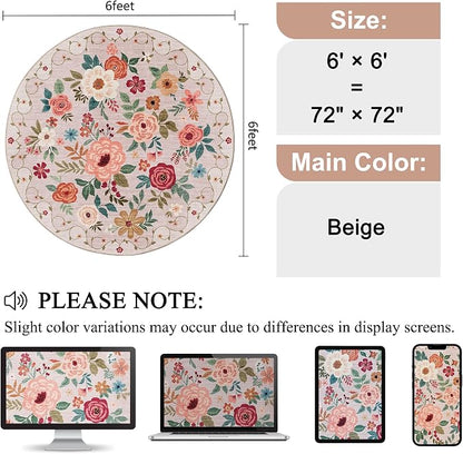 DUKINO Floral Round Rug, 6ft Washable Circle Rug, Non Slip Indoor Low Pile Circle Rug, Soft Small Boho Design Carpet for Bedroom, Entryway, Living Room, Dining Room, Beige